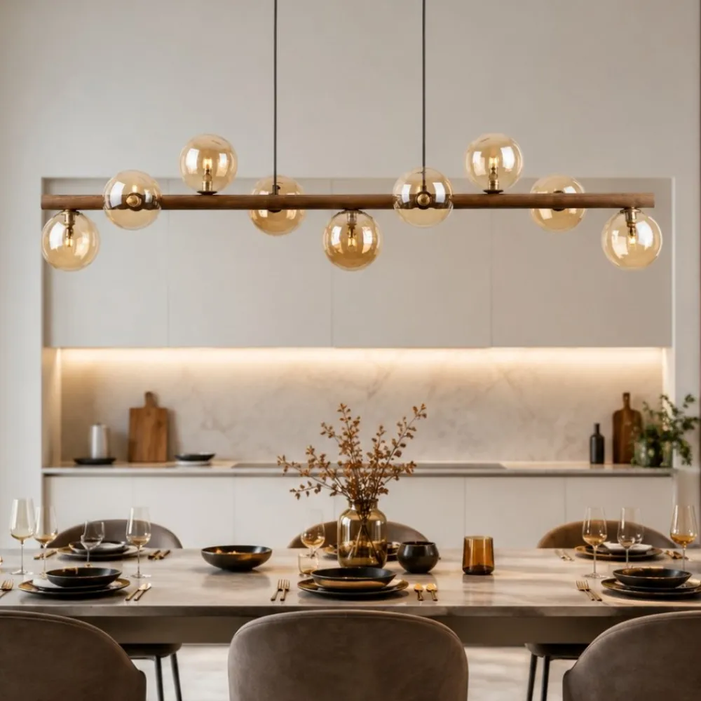 Lampadari Moderni-Selezionato da Mazzolaluce Lampadario a sospensione in legno stile nordico sfere in vetro ambra per soggiorno