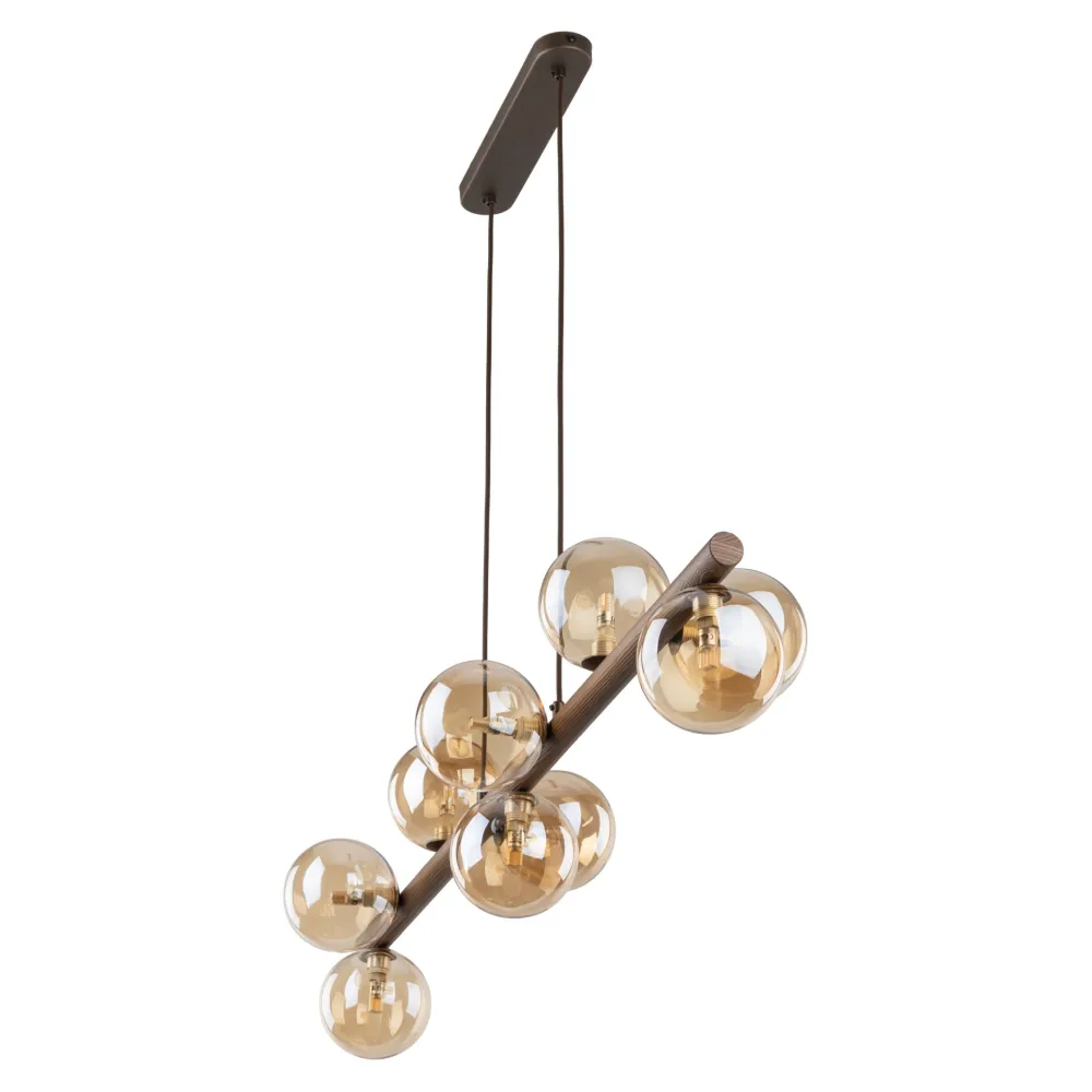 Lampadari Moderni-Selezionato da Mazzolaluce Lampadario a sospensione in legno stile nordico sfere in vetro ambra per soggiorno