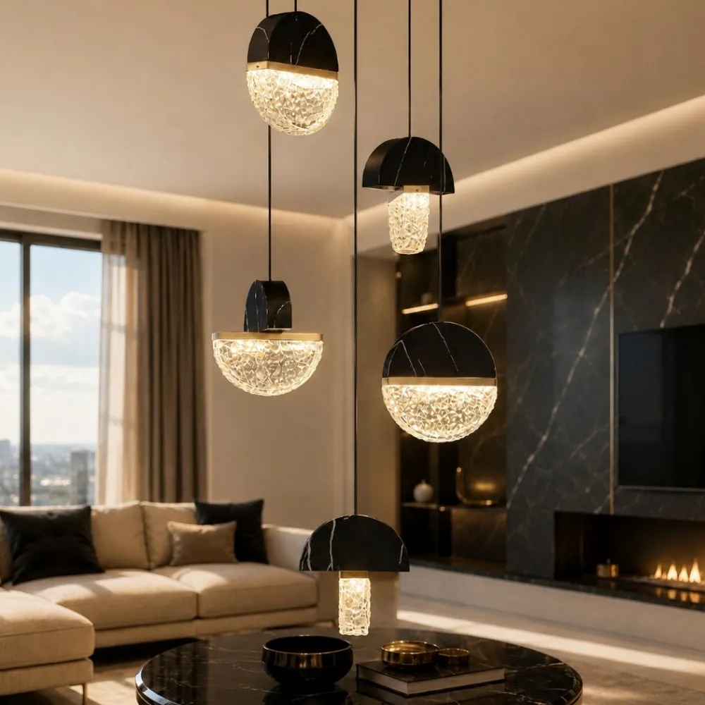 Lampadari Moderni-Selezionato da Mazzolaluce Lampadario a sospensione 5 pendenti in marmo nero e vetro per soggiorno moderno