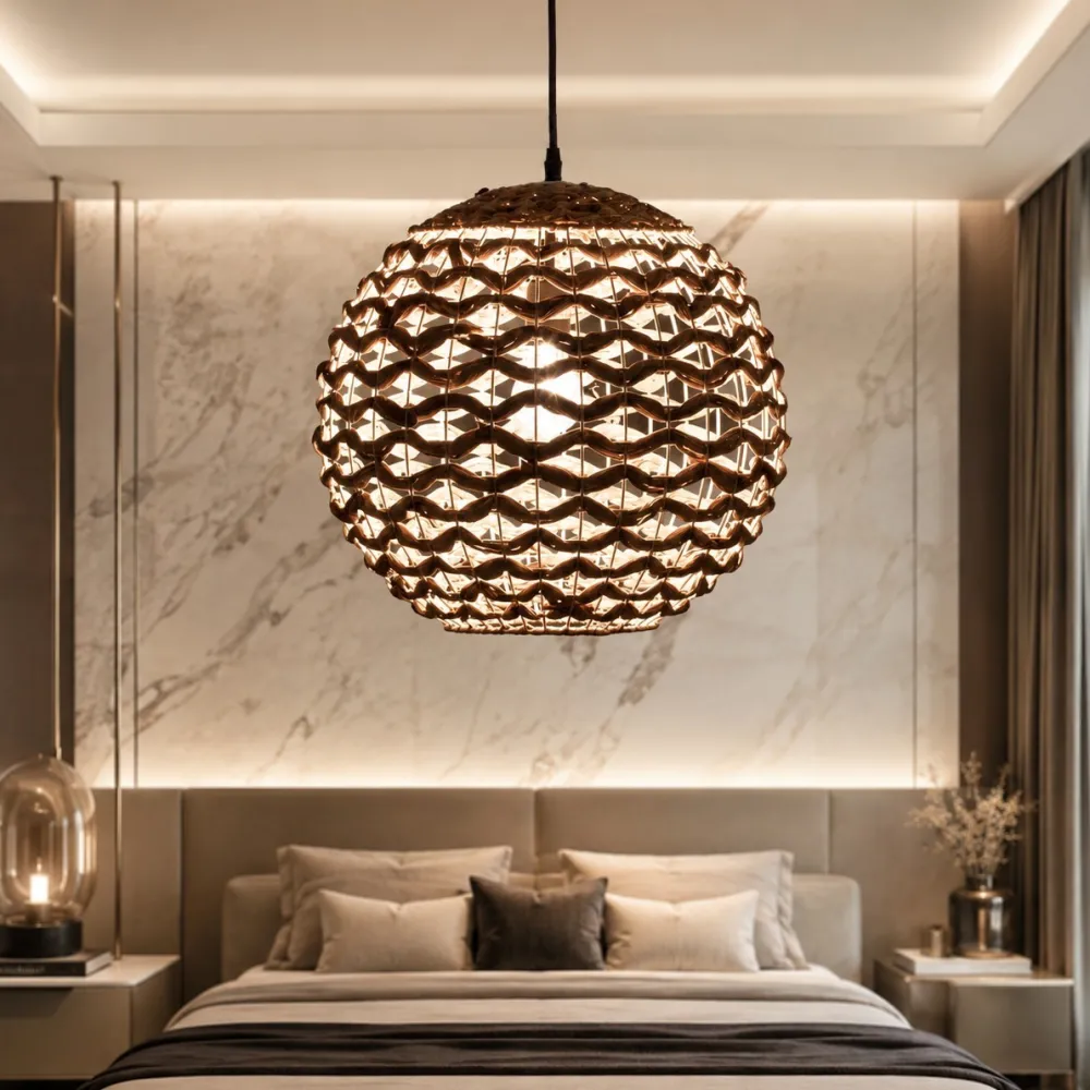 Lampadario Camera Da Letto-Selezionato da Mazzolaluce Lampadario a sospensione sfera di rattan e giacinto essiccato per camera da letto