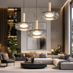 Lampadari Moderni-Selezionato da Mazzolaluce Lampadario a 3 sospenssioni moderna vetro cromo legno per soggiorno