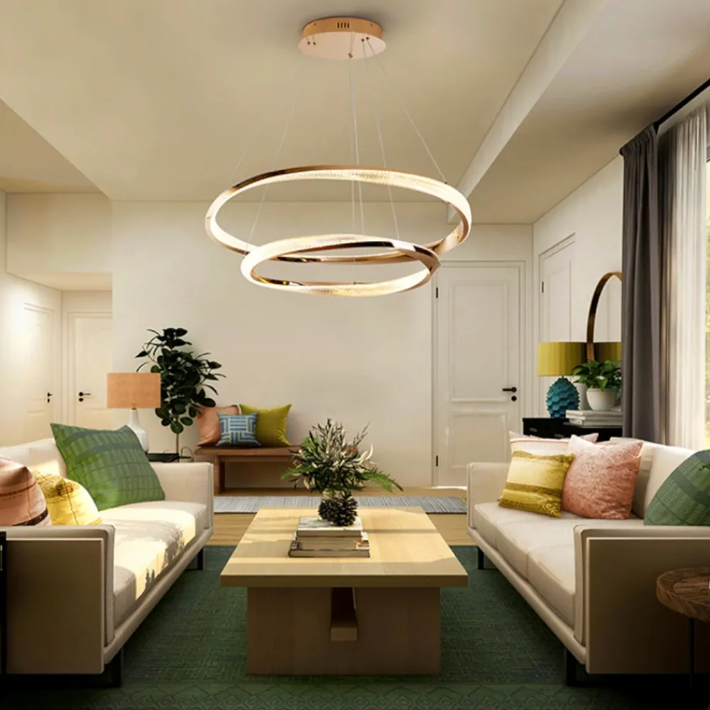 Lampadari Moderni-Selezionato da Mazzolaluce Lampadario athena a sospensione rame chiaro doppio anello per soggiorno
