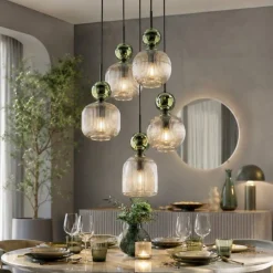 Lampadari Moderni-Selezionato da Mazzolaluce lampadario a 5 vetri giallo ambra pendenti per soggiorno contemporaneo