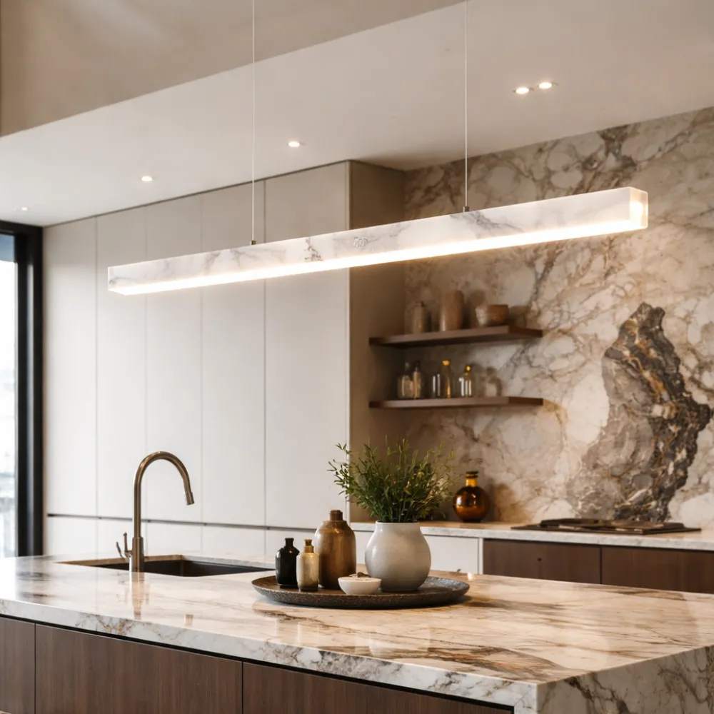 Lampadari Cucina-Selezionato da Mazzolaluce Lampadario barra di pietra effetto alabastro bianco per isola cucina