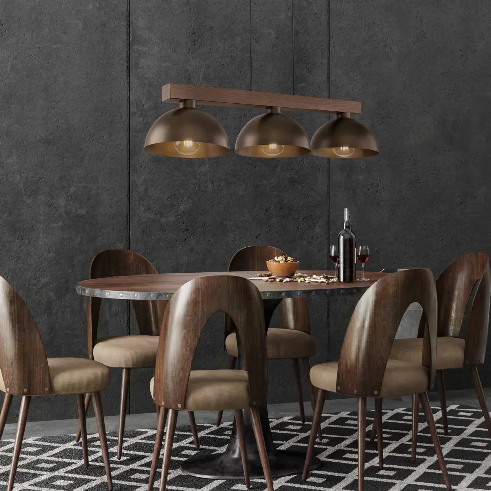 Lampadari Cucina-Selezionato da Mazzolaluce Lampadario bilanciere di legno noce per cucina rustica cupole di metallo marrone