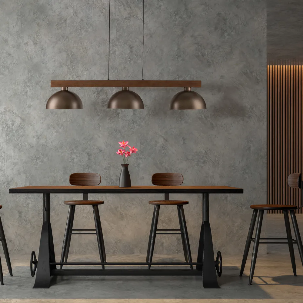 Lampadari Cucina-Selezionato da Mazzolaluce Lampadario bilanciere di legno noce per cucina rustica cupole di metallo marrone