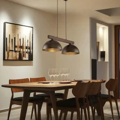 Lampadari Cucina-Selezionato da Mazzolaluce Lampadario bilanciere di legno con cupole in metallo marrone per cucina