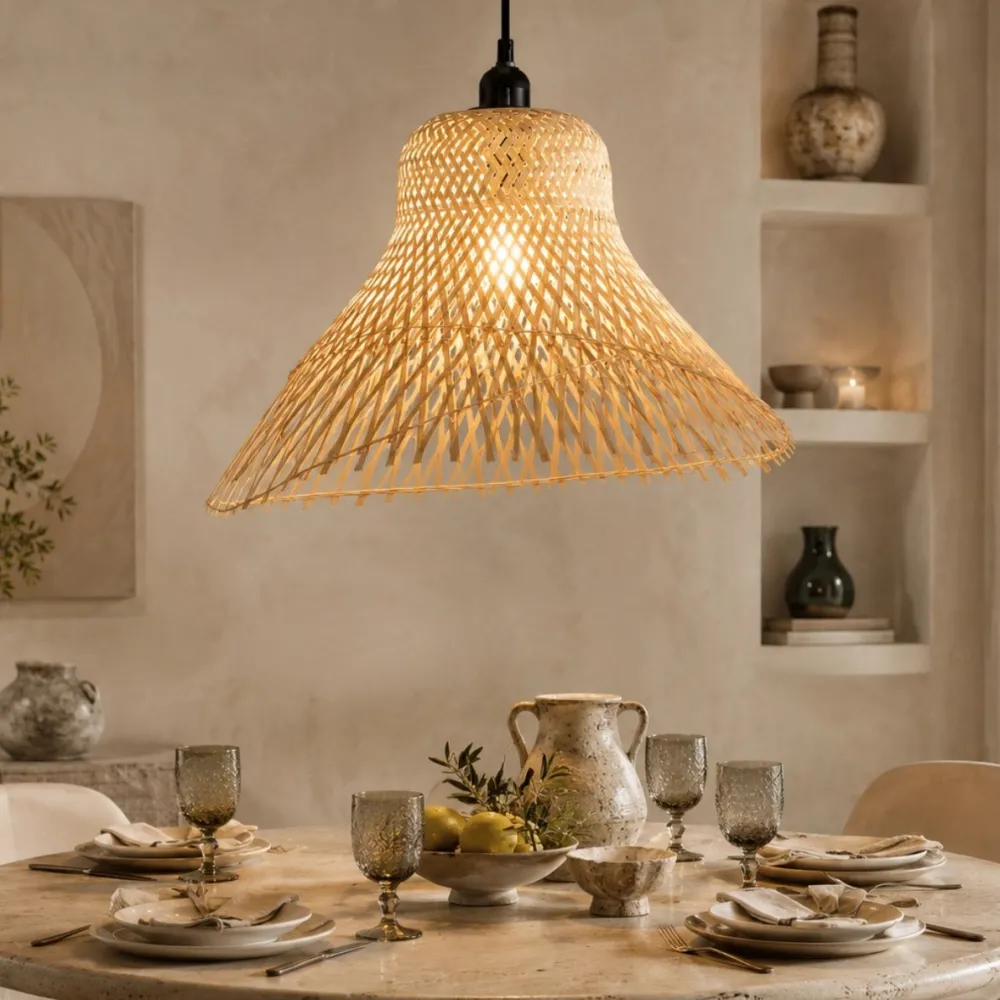 Lampadari Cucina-Selezionato da Mazzolaluce Lampadario cappello di rattan sabbia per tavolo sala da pranzo