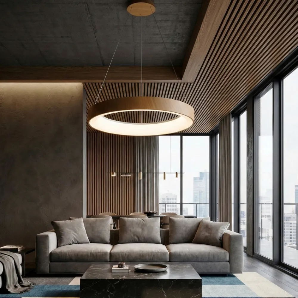 Lampadari Moderni-Selezionato da Mazzolaluce Lampadario cerchio 38cm effetto legno da 2700k a 5000k wireless