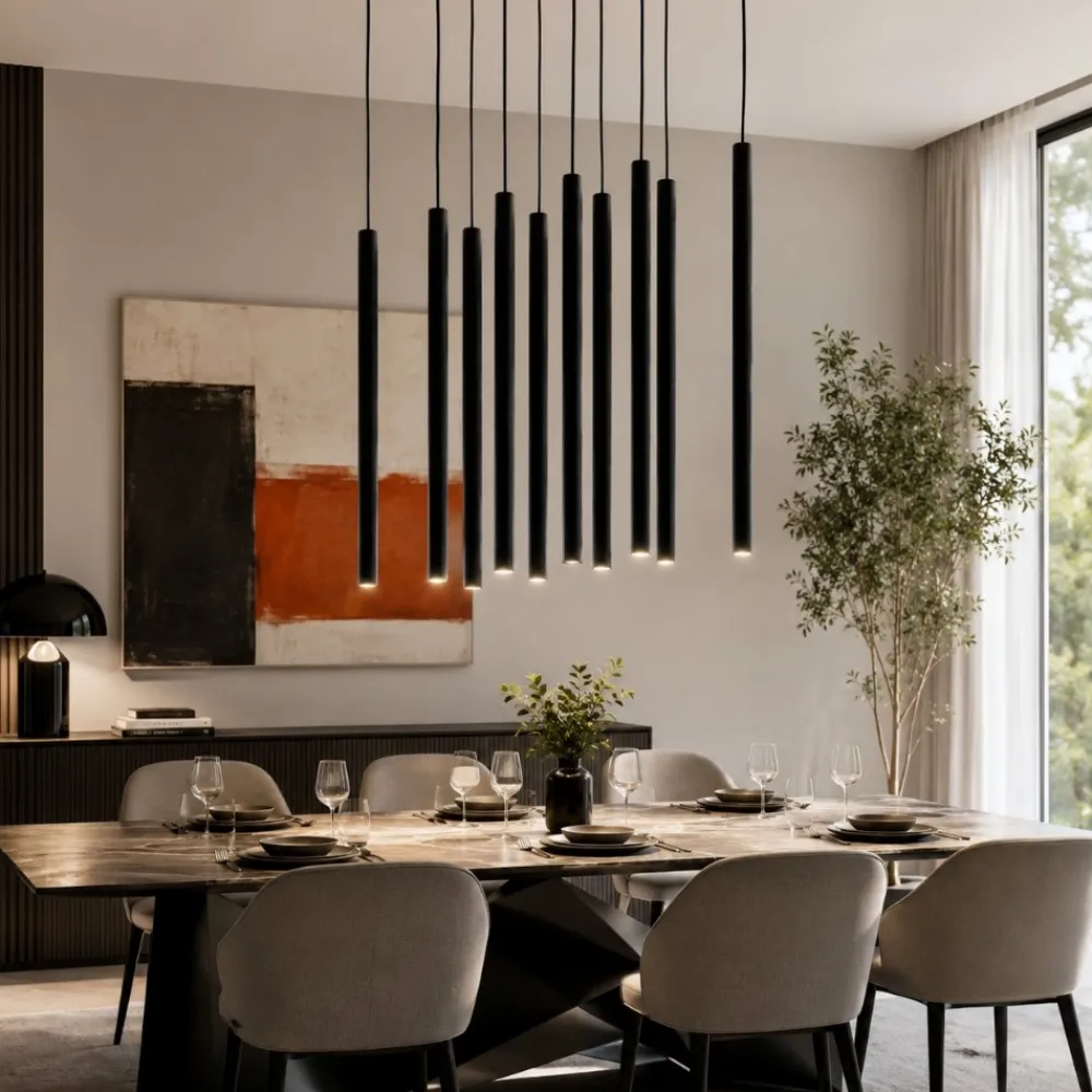Lampadari Moderni-Selezionato da Mazzolaluce Lampadario cilindri rigati a sospensione nero per tavolo sala da pranzo moderna