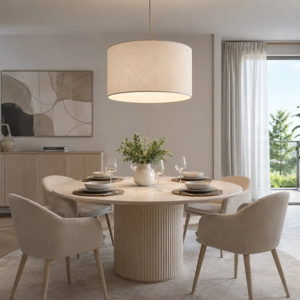 Lampadari Moderni-Selezionato da Mazzolaluce Lampadario cilindro a sospensione tessuto sabbia