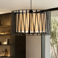 Lampadari Moderni-Selezionato da Mazzolaluce Lampadario cilindro 50 cm di tessuto nero design moderno per sala da pranzo