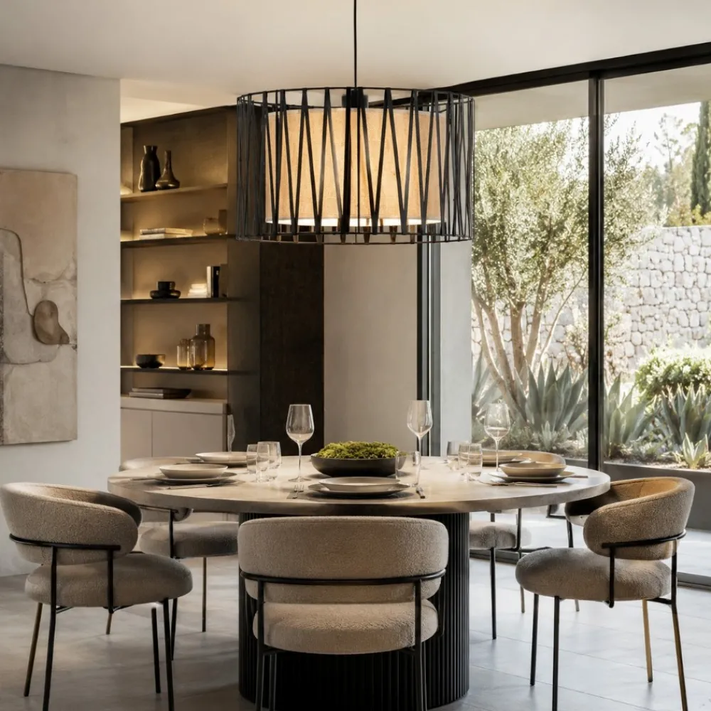 Lampadari Moderni-Selezionato da Mazzolaluce Lampadario cilindro 50 cm di tessuto nero design moderno per sala da pranzo