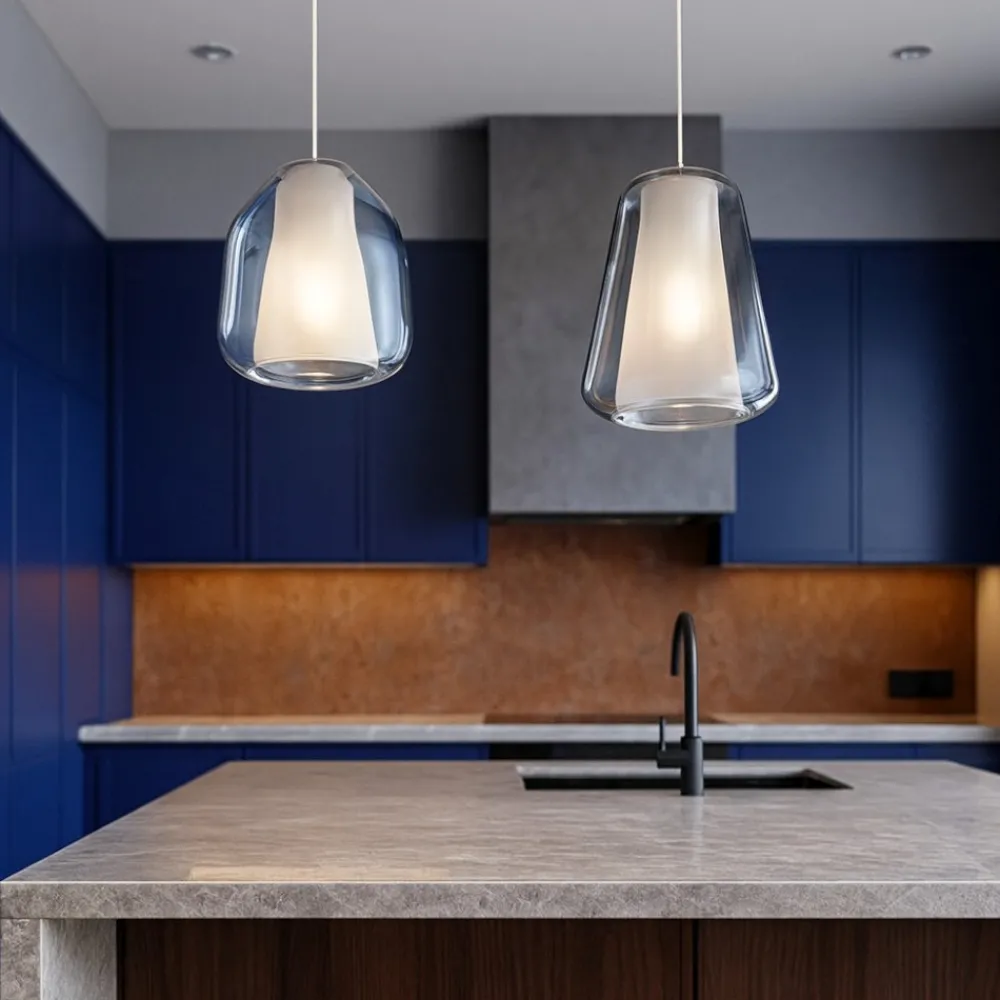 Lampadari Cucina-Top Light Lampadario con decentramento vetri blu fume per cucina
