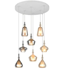 Lampadari Moderni-Selezionato da Mazzolaluce Lampadario con 8 sfere di vetro ambra cromo per soggiorno salotto
