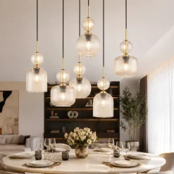 Lampadari Moderni-Selezionato da Mazzolaluce lampadario contemporaneo 6 vetri ambra pendenti per sala da pranzo
