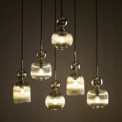 Lampadari Moderni-Selezionato da Mazzolaluce lampadario contemporaneo 6 vetri ambra pendenti per sala da pranzo
