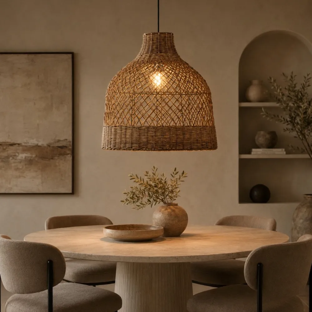 Lampadari Moderni-Selezionato da Mazzolaluce Lampadario cupola di rattan a sospensione marrone per sala da pranzo