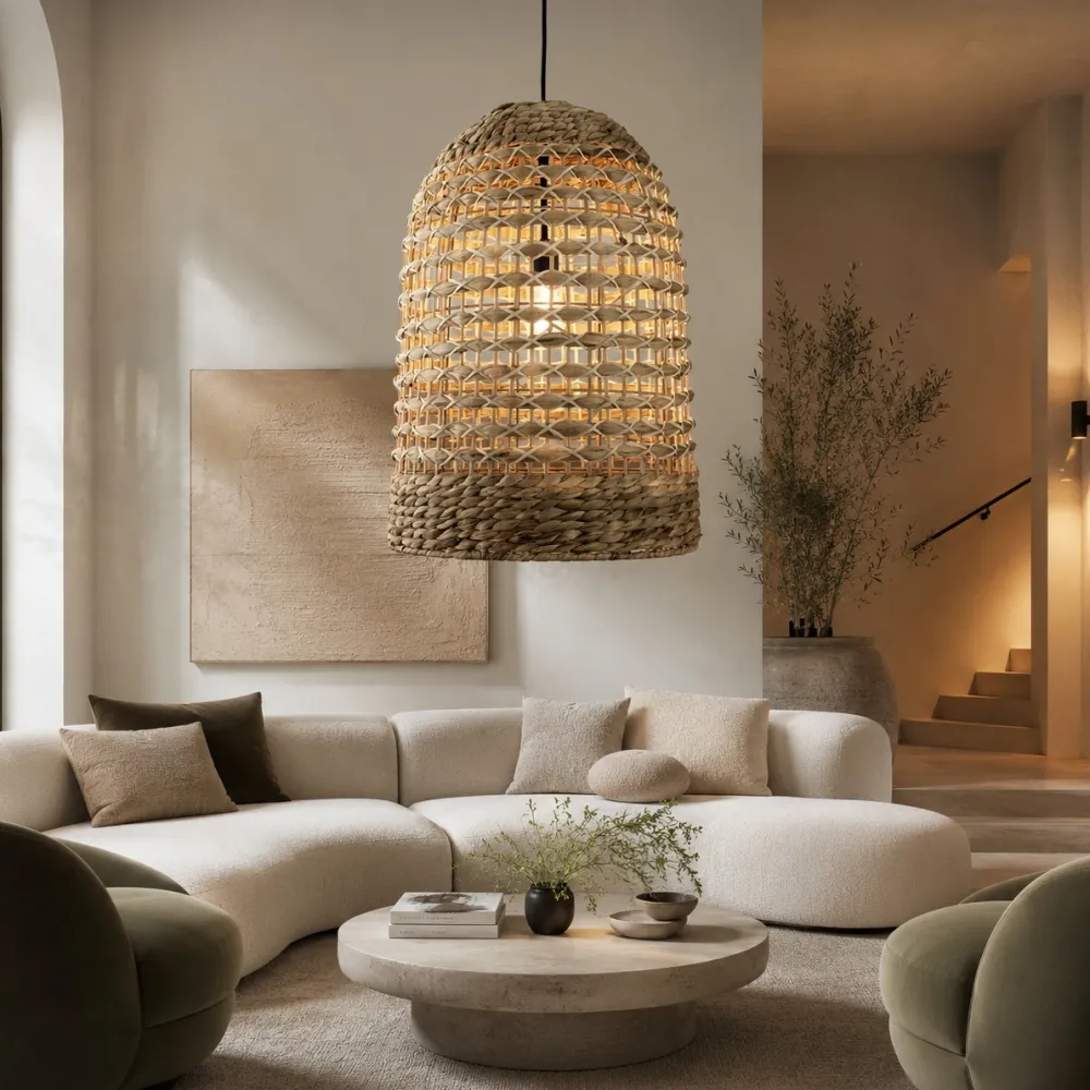 Lampadari Moderni-Selezionato da Mazzolaluce Lampadario cupola di rattan e giacinto essiccato per soggiorno