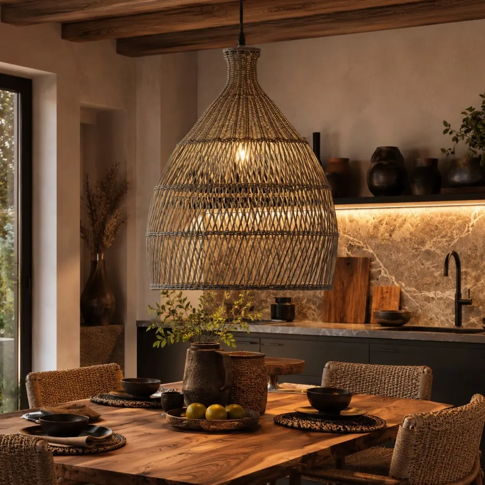 Lampadari Cucina-Selezionato da Mazzolaluce Lampadario cupola di rattan grigio 42 cm per cucina