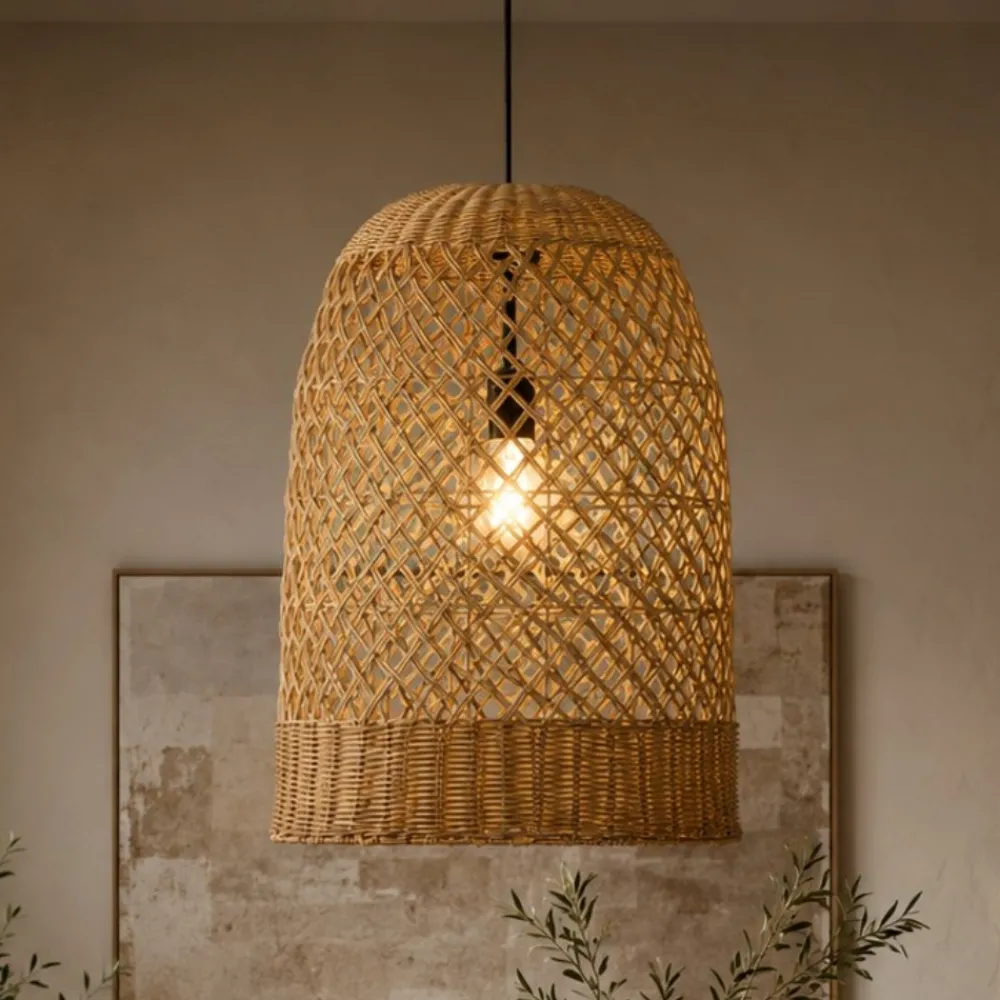 Lampadari Moderni-Selezionato da Mazzolaluce Lampadario cupola di rattan miele intrecciato 41 cm per sala da pranzo