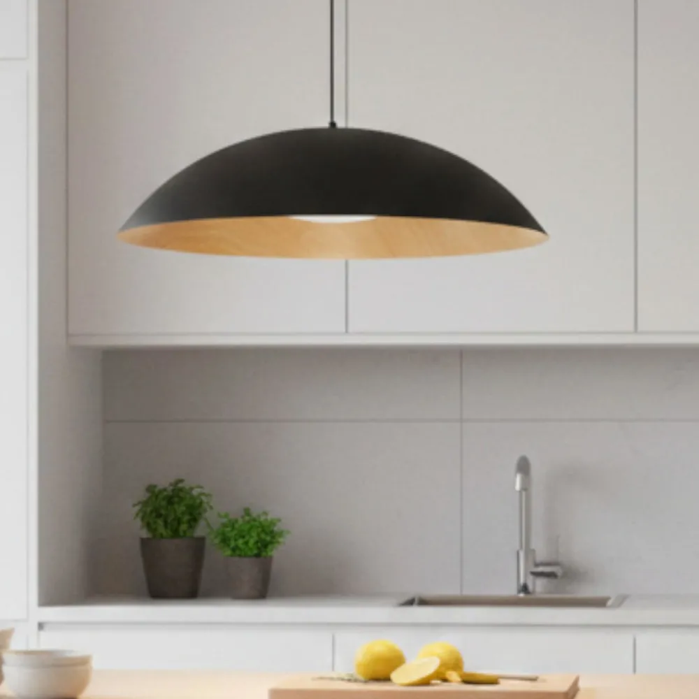 Lampadari Cucina-Selezionato da Mazzolaluce Lampadario da cucina cupola nera e legno led 3000k dimmerabile