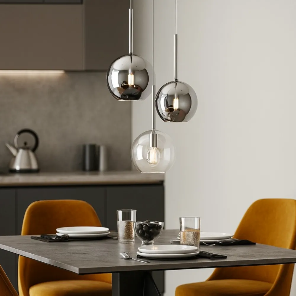 Lampadari Cucina-Top Light Lampadario da cucina tre vetri sferici cromo trasparente