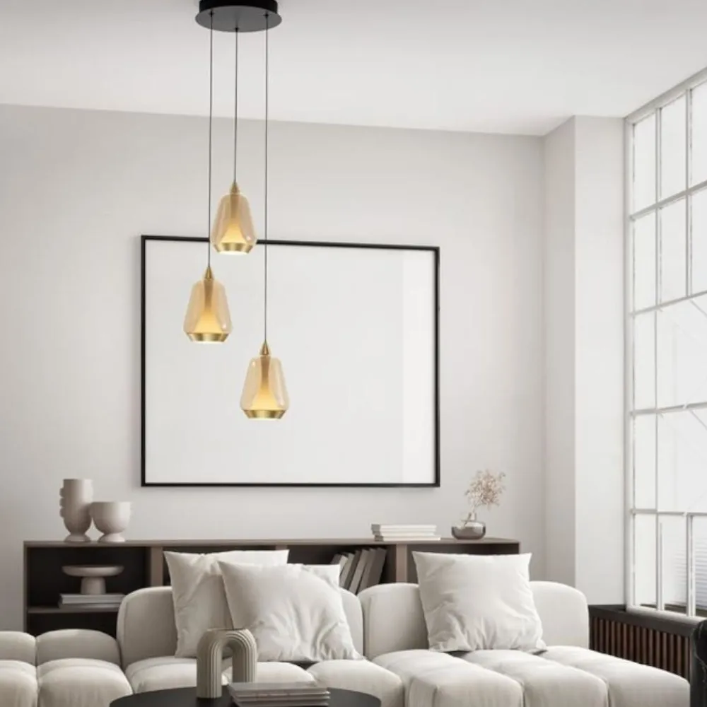 Lampadari Cucina-Selezionato da Mazzolaluce Lampadario design da cucina tre luci vetro oro led 3000k dimmerabile