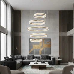 Lampadari Moderni-Selezionato da Mazzolaluce Lampadario design moderno anelli oro led 444w 3000k dimmerabile