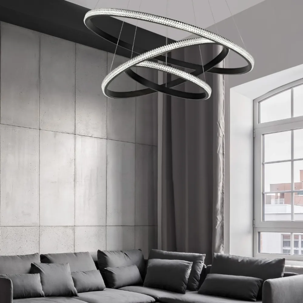 Lampadari Moderni-Selezionato da Mazzolaluce Lampadario design moderno cerchi nero led per salone