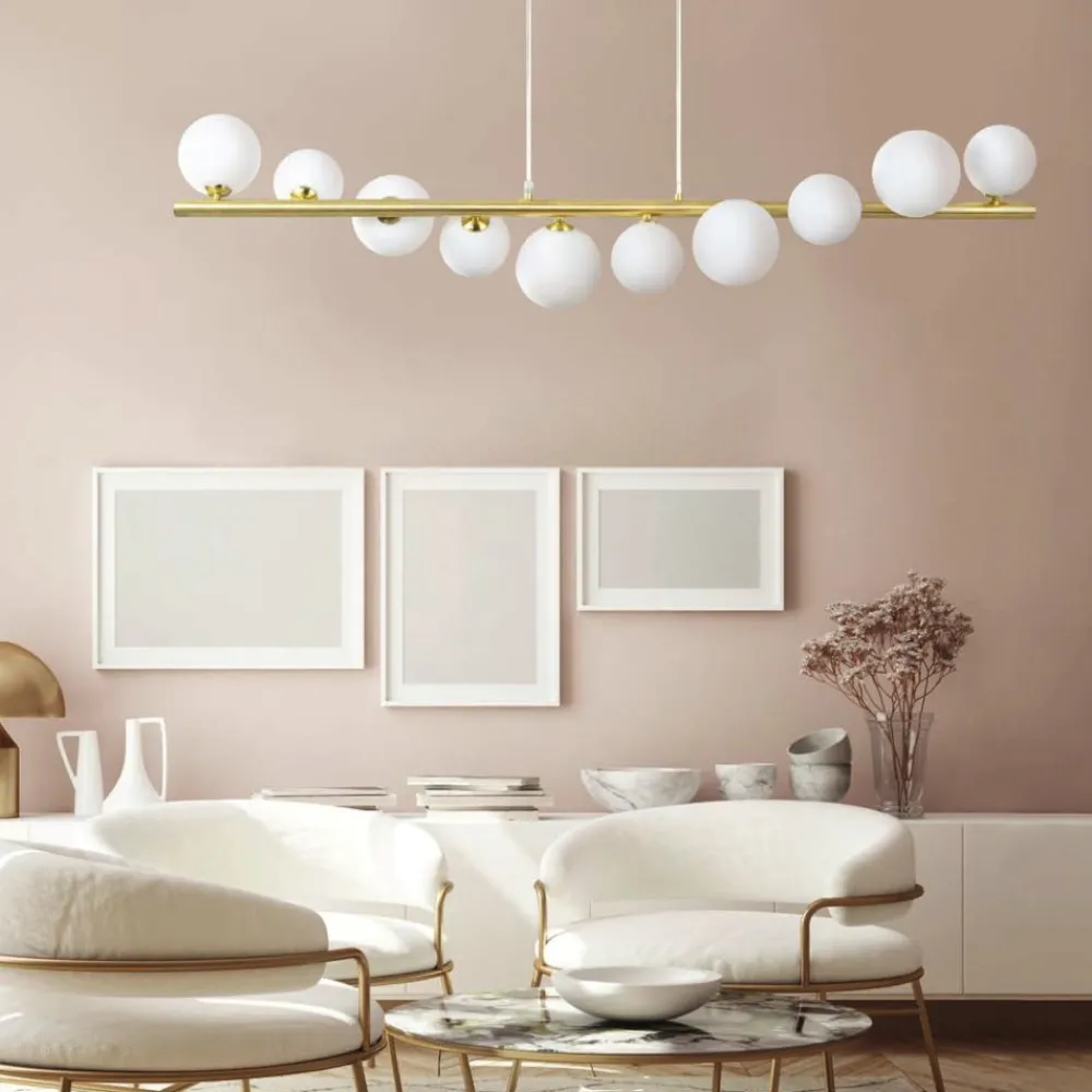 Lampadari Moderni-Selezionato da Mazzolaluce Lampadario design oro moderno sfere vetro bianco per soggiorno