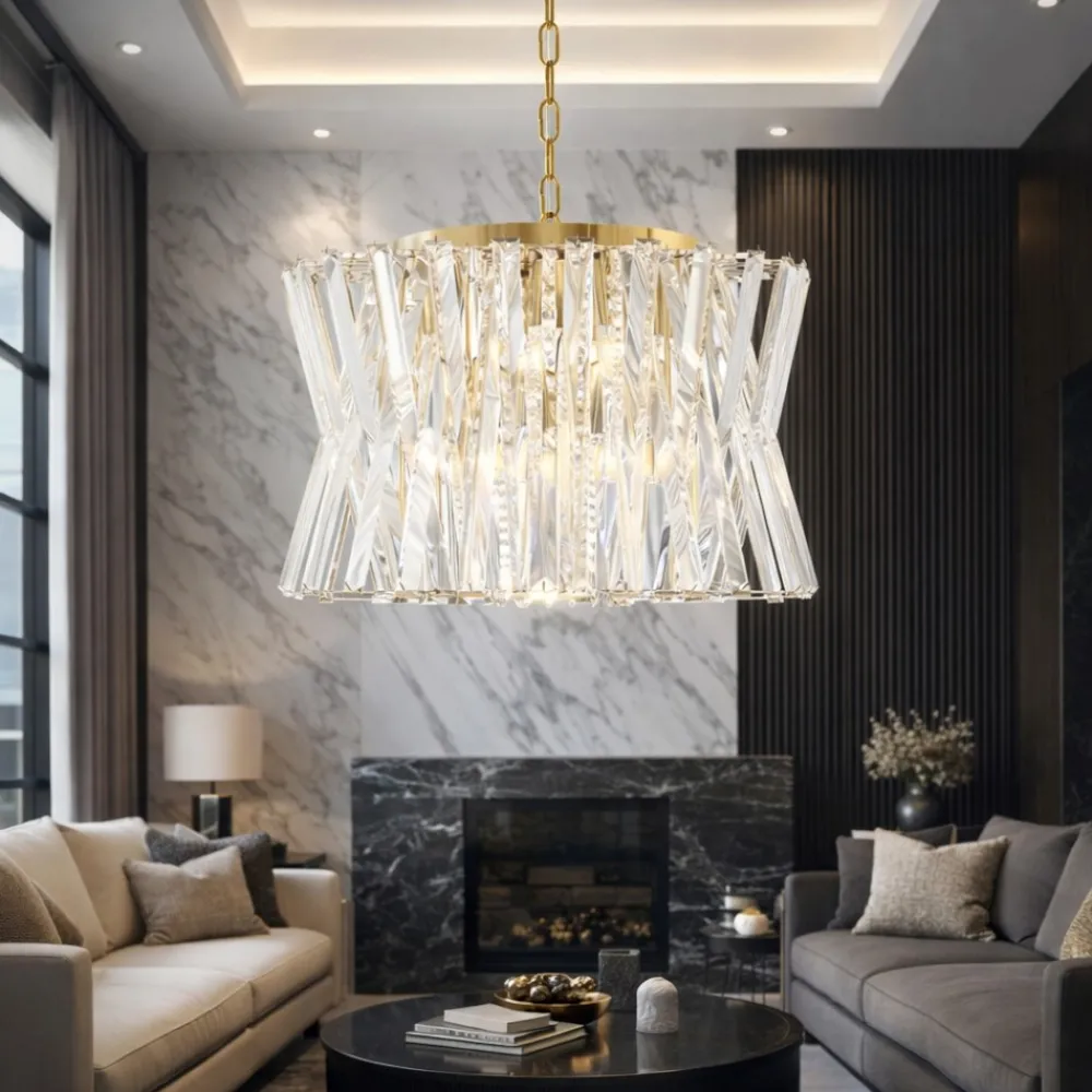 Lampadari Moderni-Selezionato da Mazzolaluce Lampadario design oro satinato rotondo con cristalli elegante