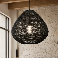 Lampadari Moderni-Selezionato da Mazzolaluce Lampadario di rattan e corda di carta nera filo in tessuto per soggiorno