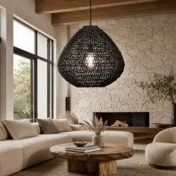 Lampadari Moderni-Selezionato da Mazzolaluce Lampadario di rattan e corda di carta nera filo in tessuto per soggiorno