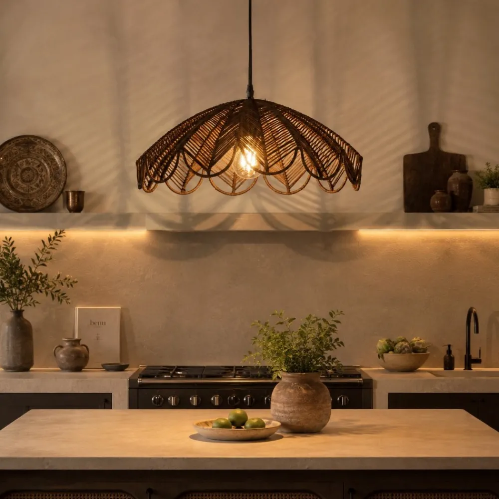 Lampadari Cucina-Selezionato da Mazzolaluce Lampadario di rattan marrone intrecciato per cucina