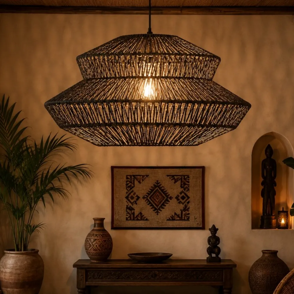 Lampadari Moderni-Selezionato da Mazzolaluce Lampadario di rattan nero 50 cm per soggiorno