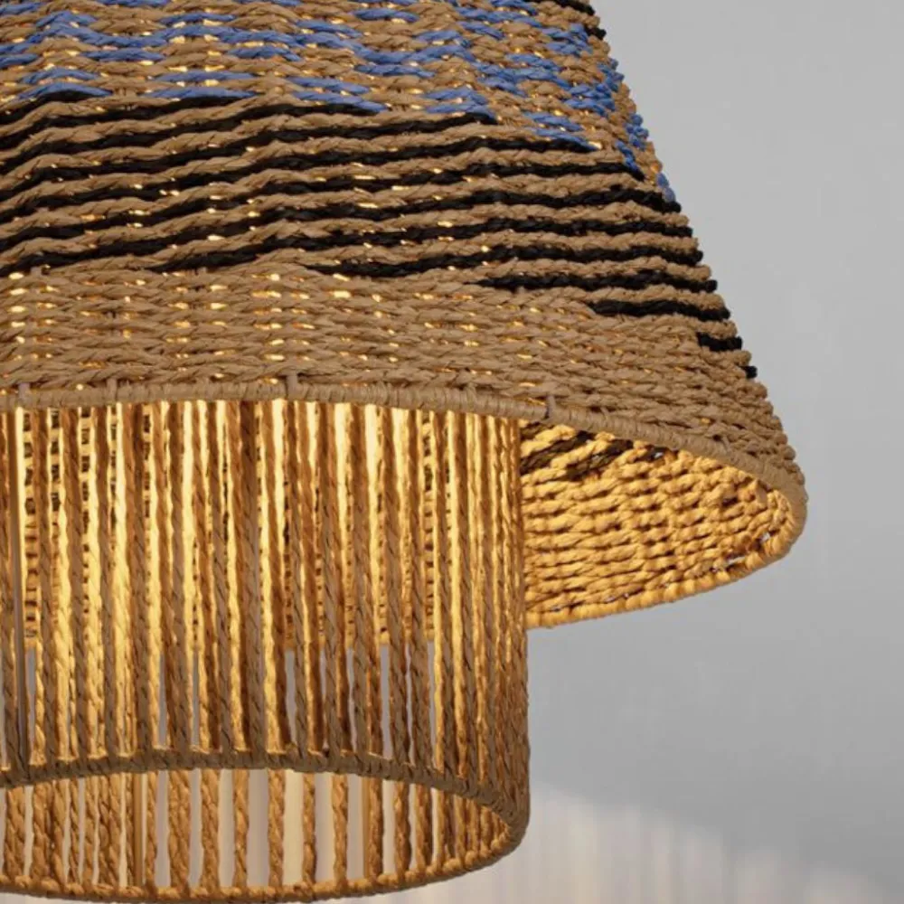 Lampadari Moderni-Selezionato da Mazzolaluce Lampadario di rattan per soggiorno corda naturale blu e nero