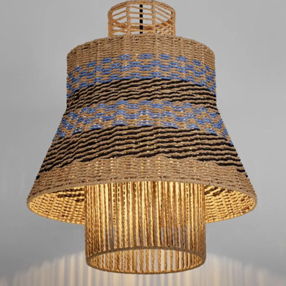 Lampadari Moderni-Selezionato da Mazzolaluce Lampadario di rattan per soggiorno corda naturale blu e nero