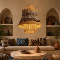 Lampadari Moderni-Selezionato da Mazzolaluce Lampadario di rattan per soggiorno corda naturale blu e nero