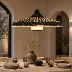 Lampadari Cucina-Selezionato da Mazzolaluce Lampadario disco di rattan naturale e tessuto nero marrone per cucina