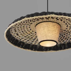 Lampadari Cucina-Selezionato da Mazzolaluce Lampadario disco di rattan naturale e tessuto nero marrone per cucina