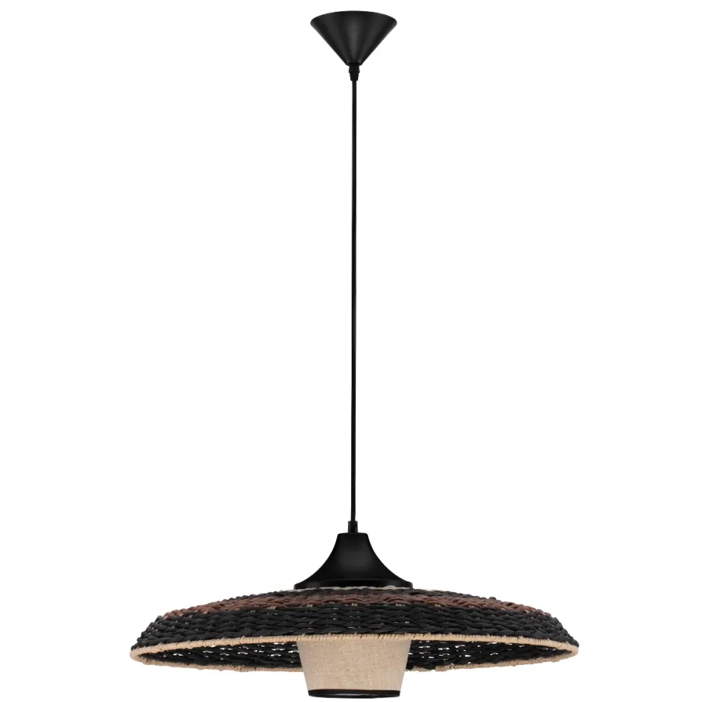 Lampadari Cucina-Selezionato da Mazzolaluce Lampadario disco di rattan naturale nero marrone e tessuto per sala da pranzo