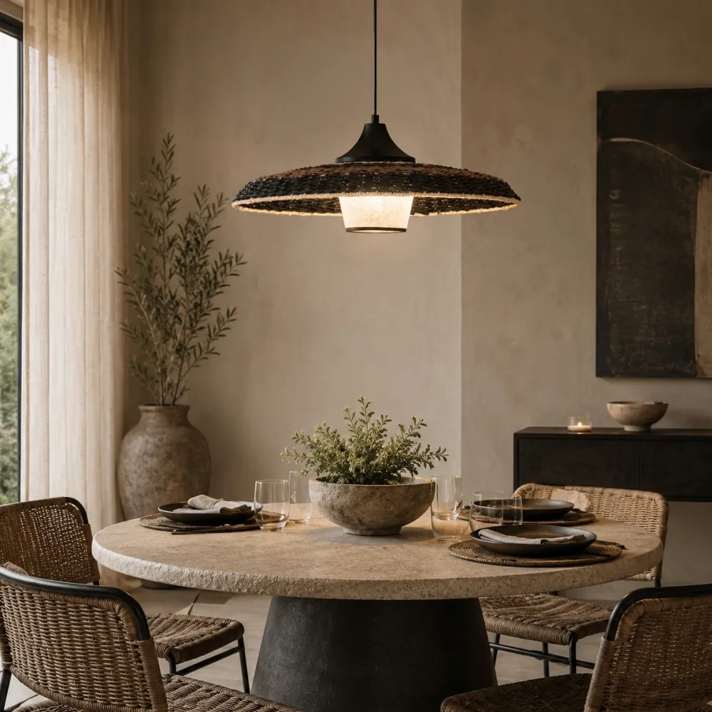 Lampadari Cucina-Selezionato da Mazzolaluce Lampadario disco di rattan naturale nero marrone e tessuto per sala da pranzo