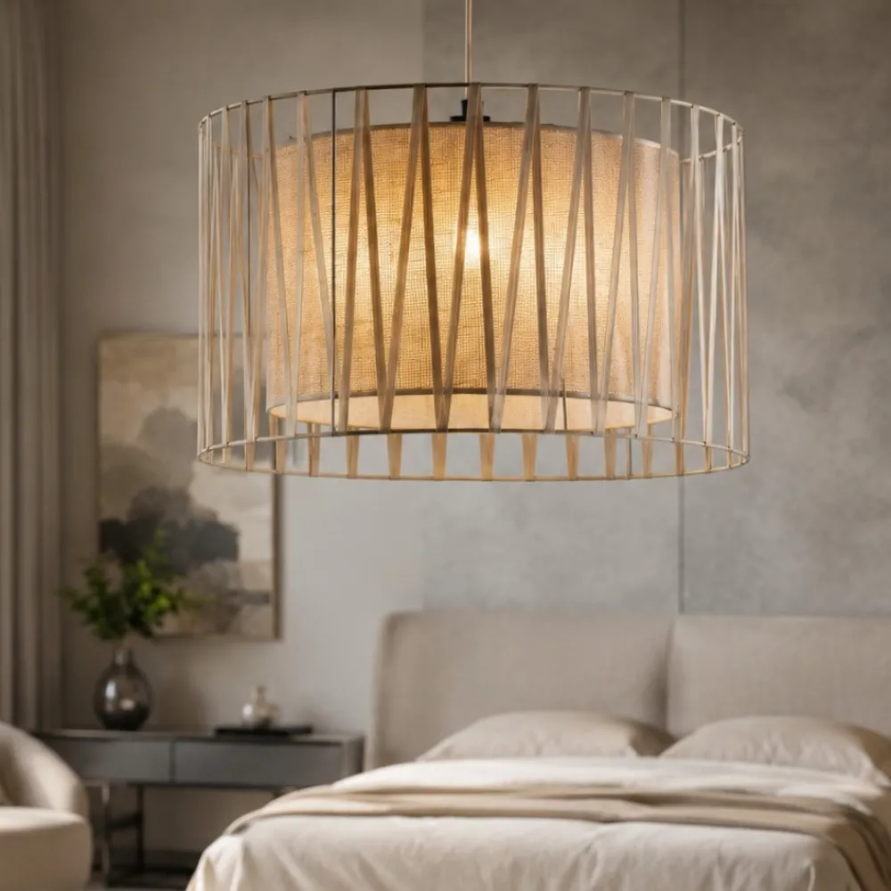 Lampadario Camera Da Letto-Selezionato da Mazzolaluce Lampadario di tessuto 50 cm sabbia cilindro intreccio per camera da letto