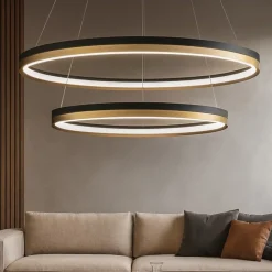 Lampadari Moderni-Selezionato da Mazzolaluce Lampadario doppio cerchio nero oro 80cm led98w 30000k dimmerabile
