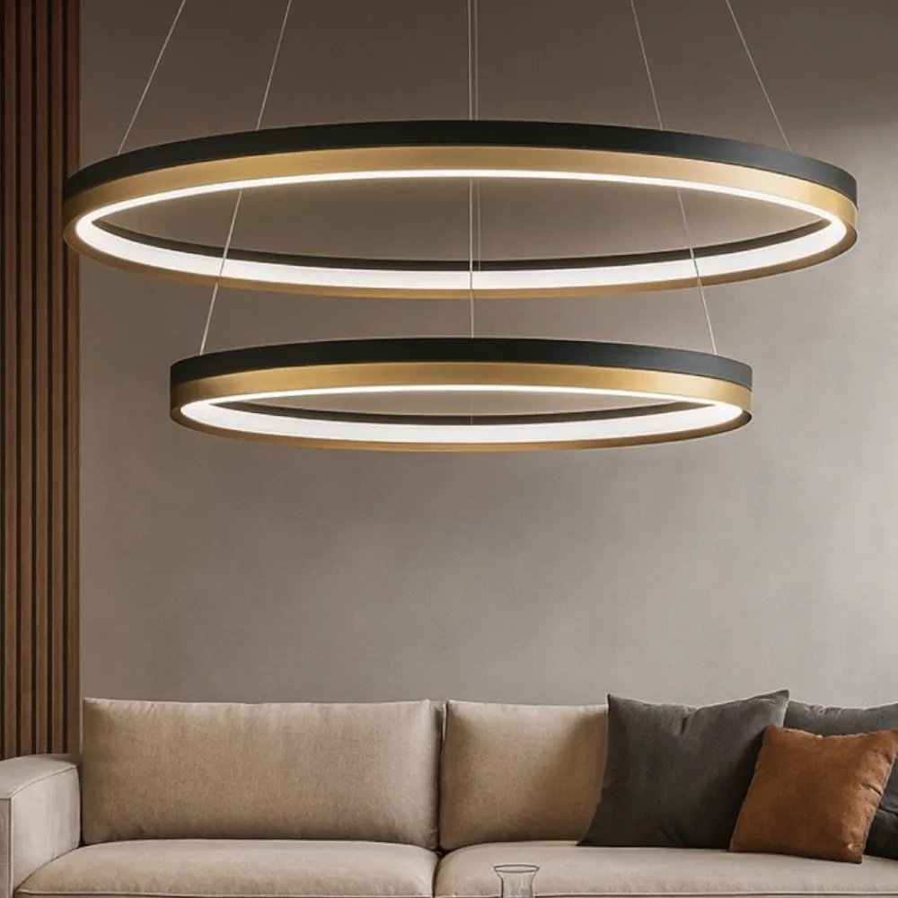 Lampadari Moderni-Selezionato da Mazzolaluce Lampadario doppio cerchio nero oro 80cm led98w 30000k dimmerabile
