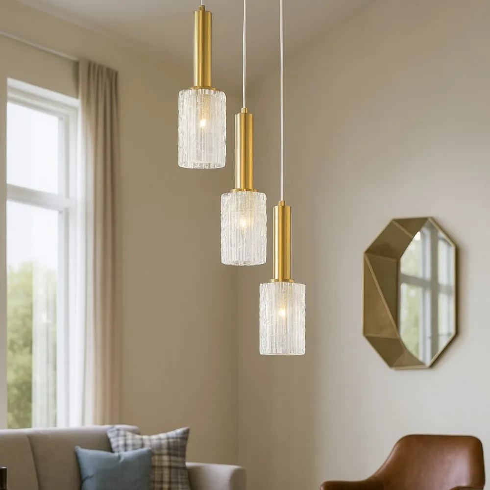 Lampadari Moderni-Selezionato da Mazzolaluce Lampadario dorato 3 luci moderno vetri trasparenti
