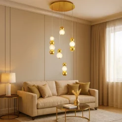 Lampadari Moderni-Selezionato da Mazzolaluce Lampadario elegante per soggiorno contemporaneo sfere oro