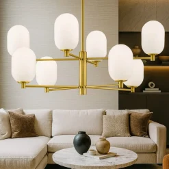 Lampadari Moderni-Selezionato da Mazzolaluce Lampadario elegante per soggiorno dorato sfere vetro bianco