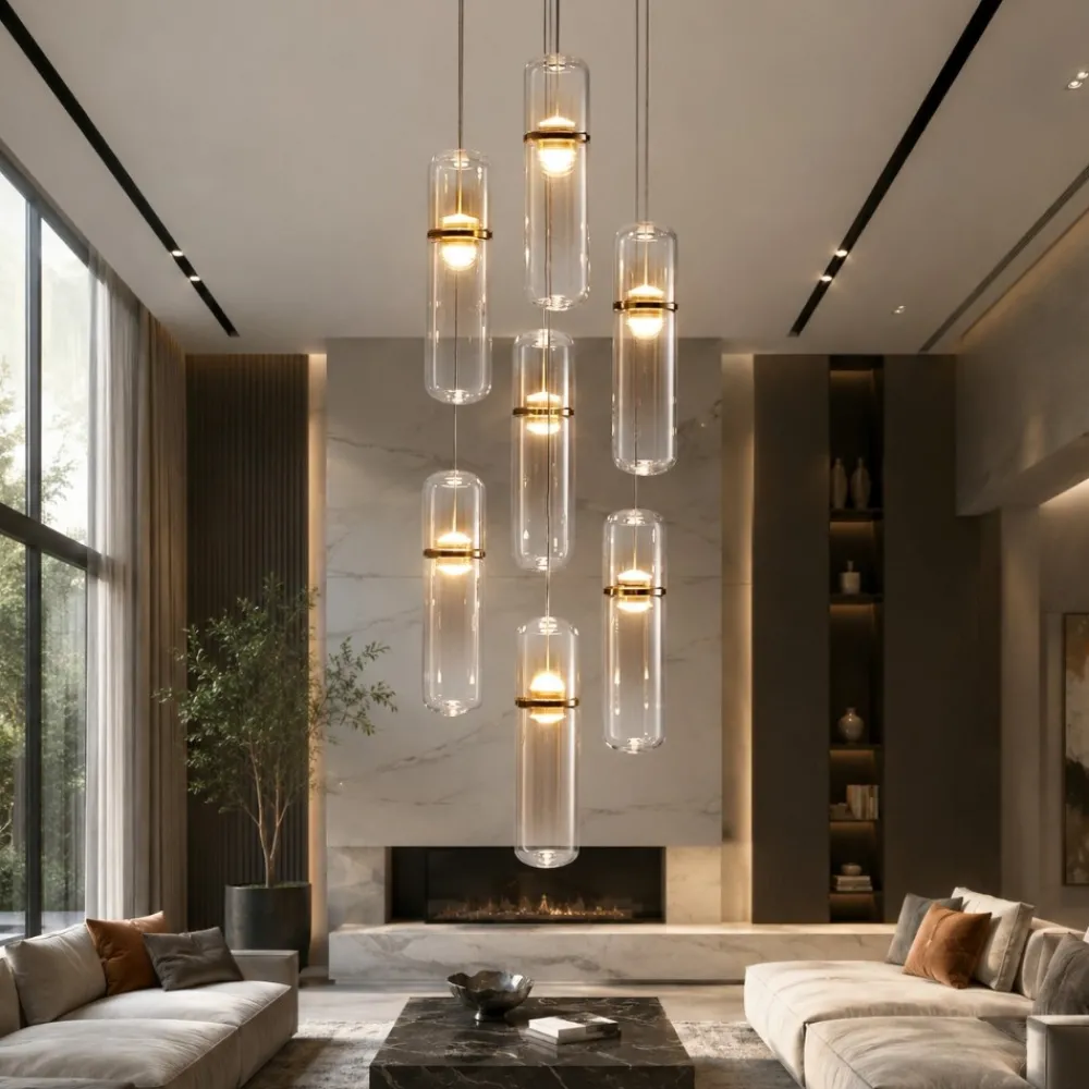 Lampadari Moderni-Selezionato da Mazzolaluce Lampadario elegante per soggiorno moderno capsule in vetro ambra led biemissione